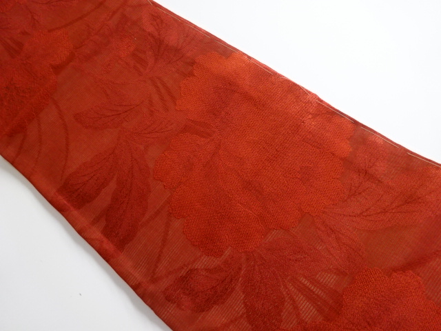 アンティーク　絽　牡丹模様織り出し丸帯(着用可)
